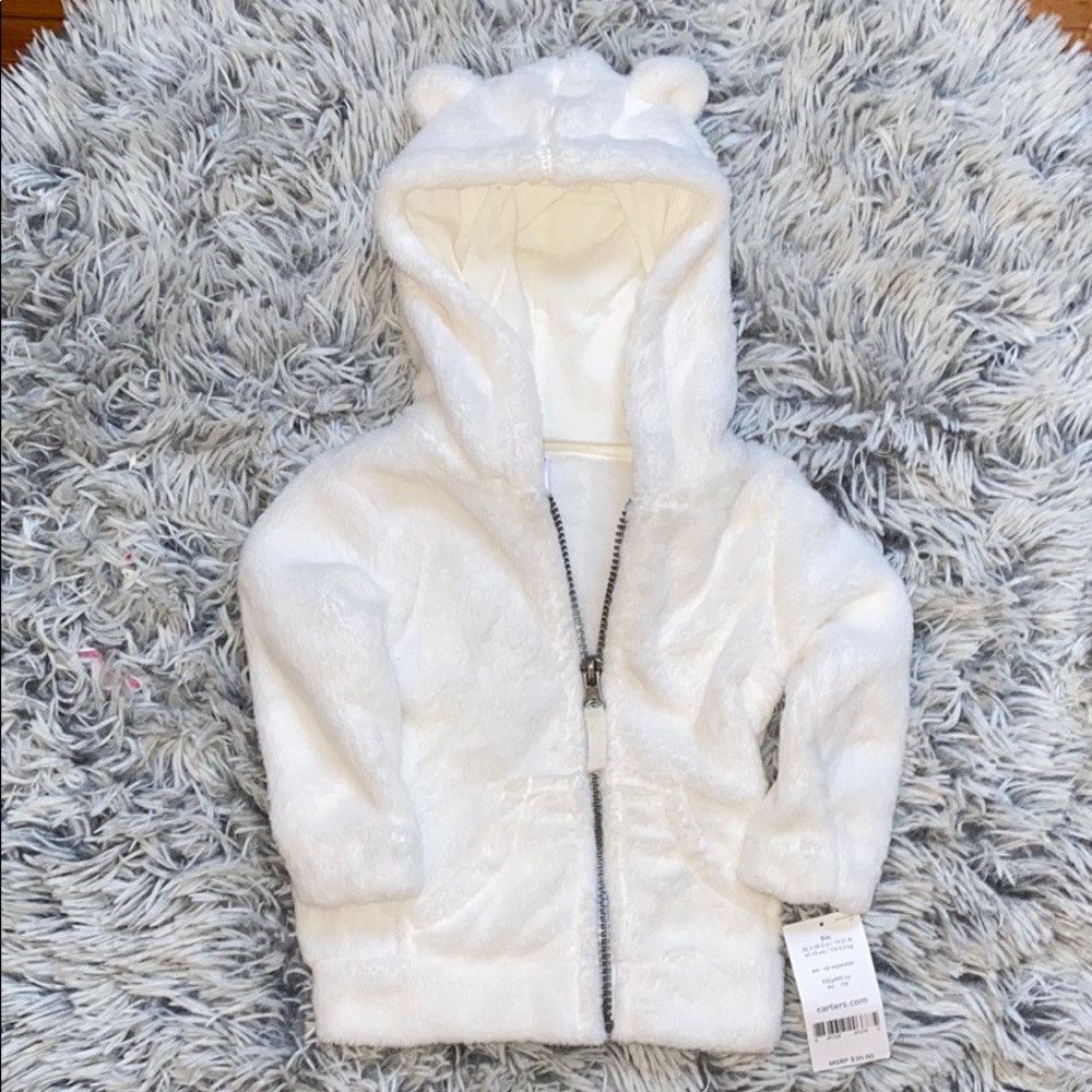 UNISEX. White Sweater with bear ears on good.